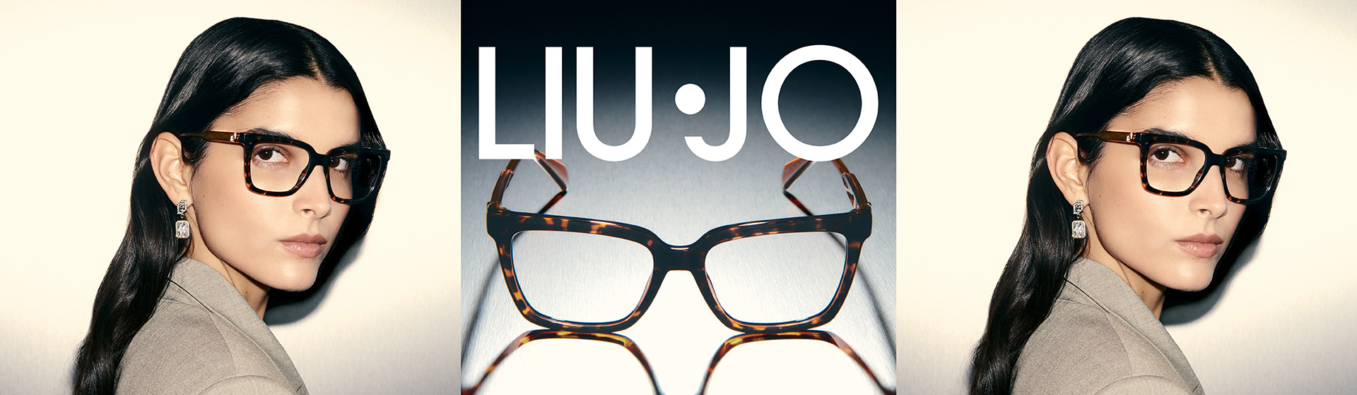 Frau mit langen dunklen Haaren und Brille, nach vorne und zur Seite blickend, mit dem Schriftzug "LIU·JO".