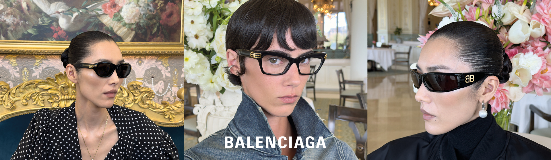 Drei Frauen mit stilvollen Sonnenbrillen und Brillen, mit dem Schriftzug „Balenciaga” in der Mitte. Elegante Kulisse mit floralem Hintergrund.
