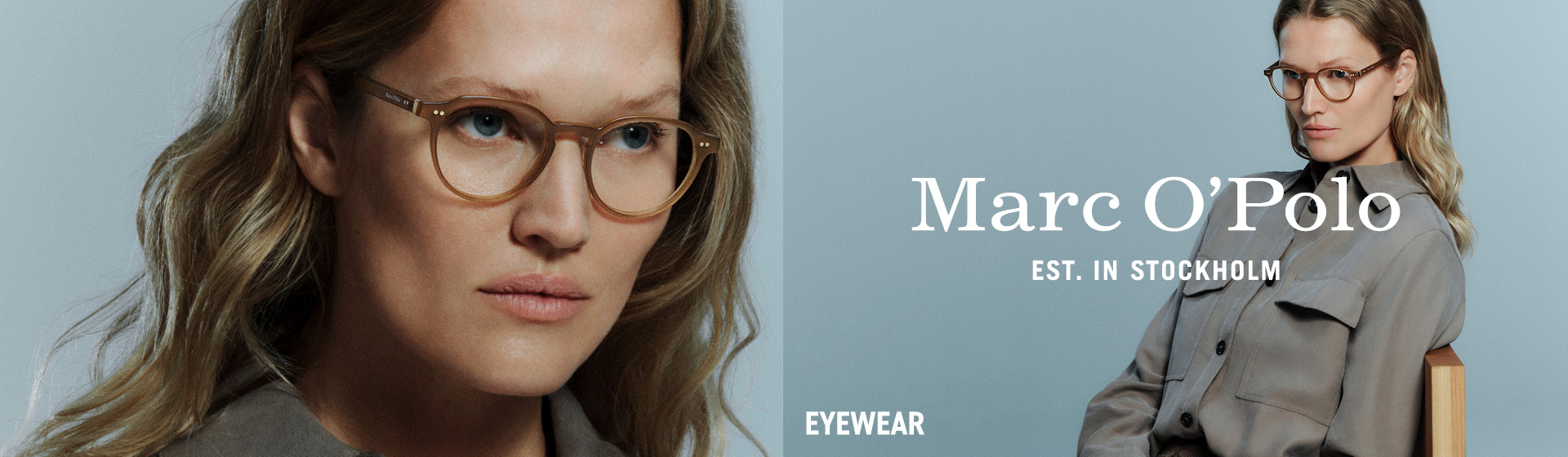 Eine Frau mit gewelltem Haar und Brille, abgebildet in einer Werbung für Marc O'Polo Eyewear, mit dem Text „EST. IN STOCKHOLM“ auf grauem Hintergrund.