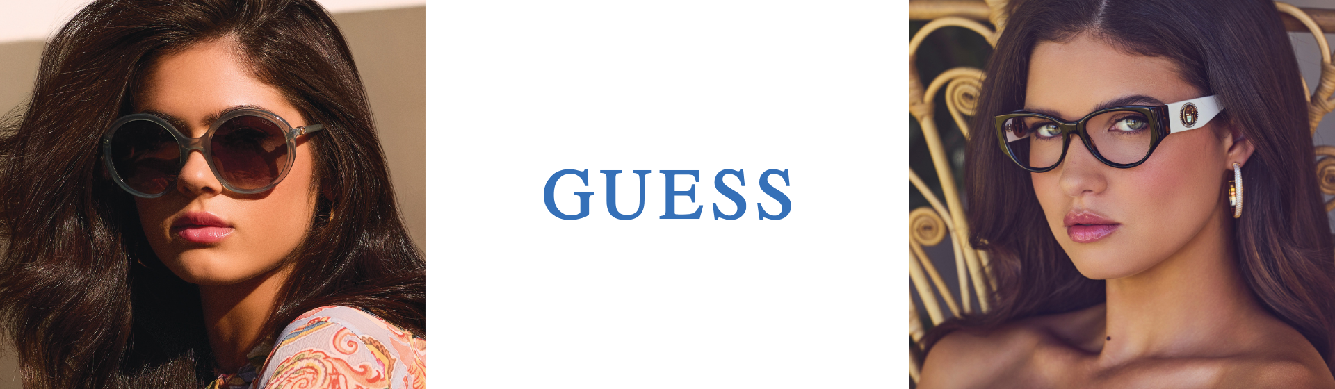Modelka s velkými kulatými slunečními brýlemi na levé straně a stejná modelka se stylovými brýlemi na pravé straně, uprostřed modrý nápis „GUESS”.