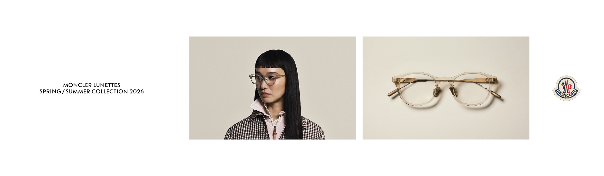 Modelka ma na sobie okulary obok zdjęcia prezentowanych okularów. Część kolekcji Moncler wiosna/lato 2020.