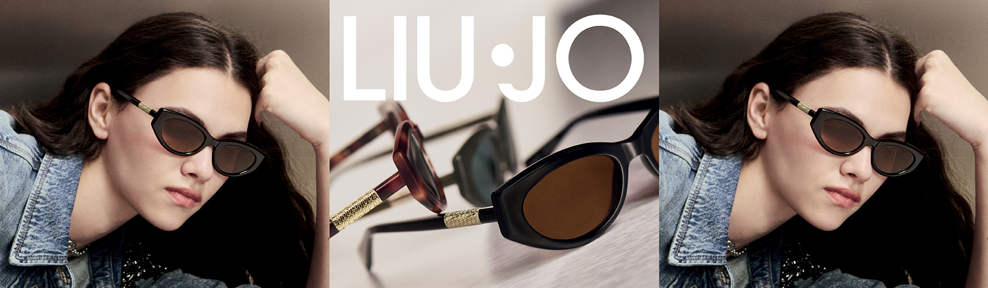 Eine Frau in einer Jeansjacke mit einer stylischen Sonnenbrille, mit dem Logo „LIU•JO“ und einer Nahaufnahme der Details der Sonnenbrille in der Mitte.