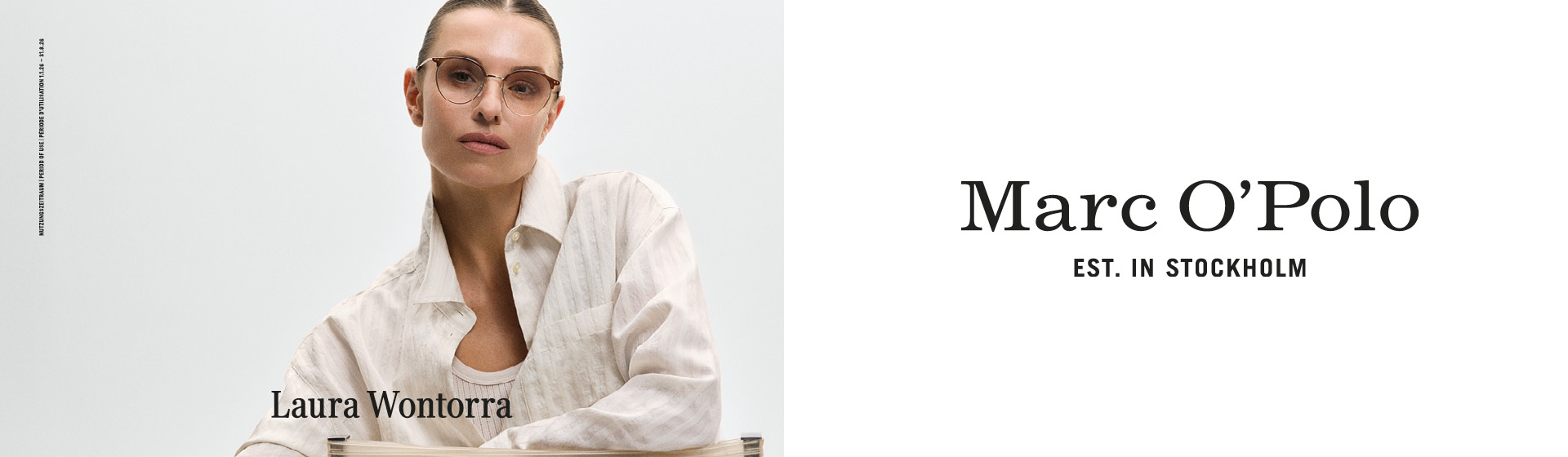 Kobieta w jasnej koszuli i okularach przeciwsłonecznych pozuje na białym tle. Tekst: „Laura Wontorra”. Logo: „Marc O'Polo, Est. in Stockholm”.