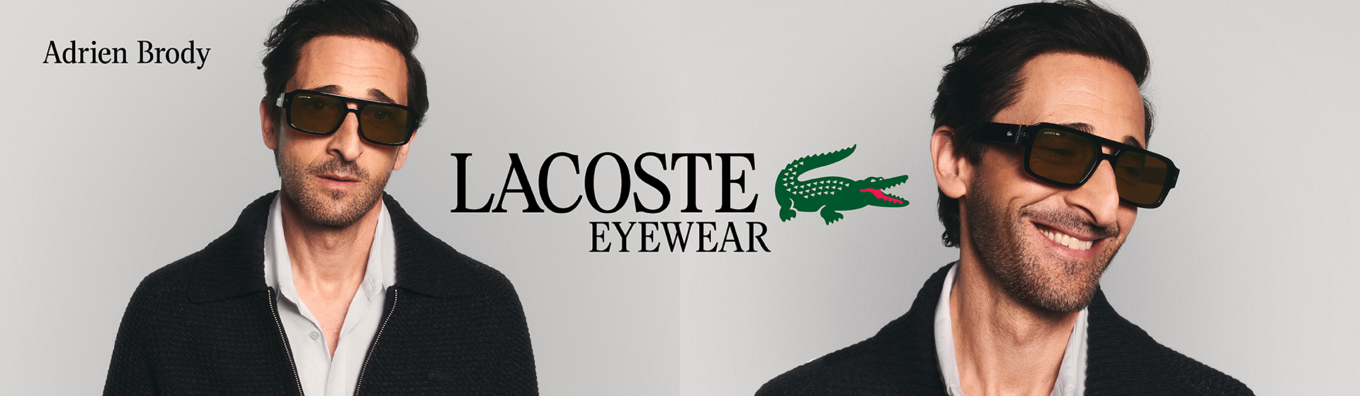 Ein Mann mit Sonnenbrille und Mantel wirbt für Lacoste Eyewear. Das Markenlogo mit dem Krokodil ist zu sehen.