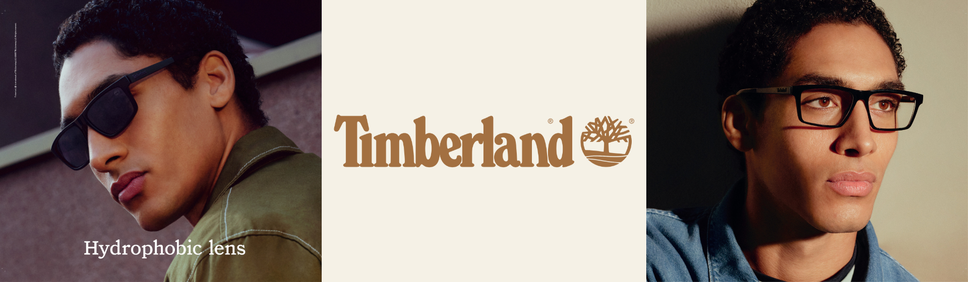 Mężczyzna w okularach przeciwsłonecznych i okularach na osobnych zdjęciach z logo „Timberland” pośrodku; tekst brzmi „Hydrophobe Gläser” (soczewki hydrofobowe).