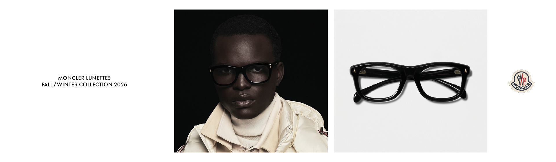 Modeanzeige, die eine Person mit schwarzer Brille und weißer Jacke neben einem Foto derselben Brille vor weißem Hintergrund zeigt. Mit Moncler-Logo.