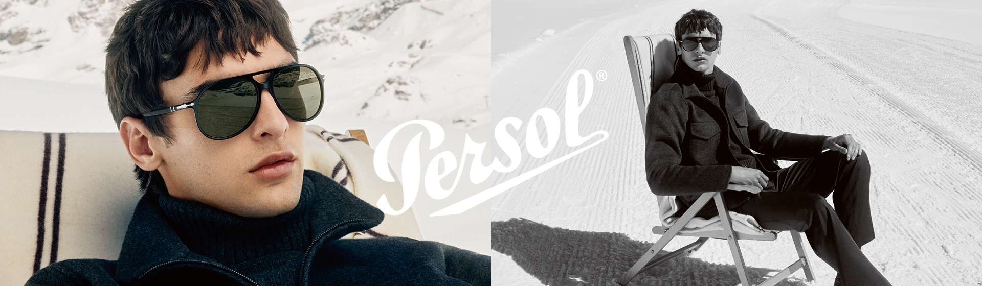 Un uomo con gli occhiali da sole è seduto su una sedia all’aperto; si vede il logo Persol.
