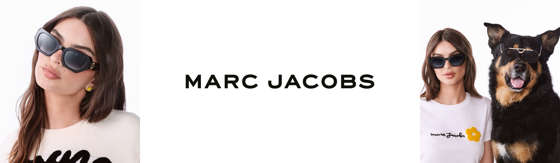Donna con occhiali da sole neri oversize e maglione color crema con la scritta “MARC JACOBS”.