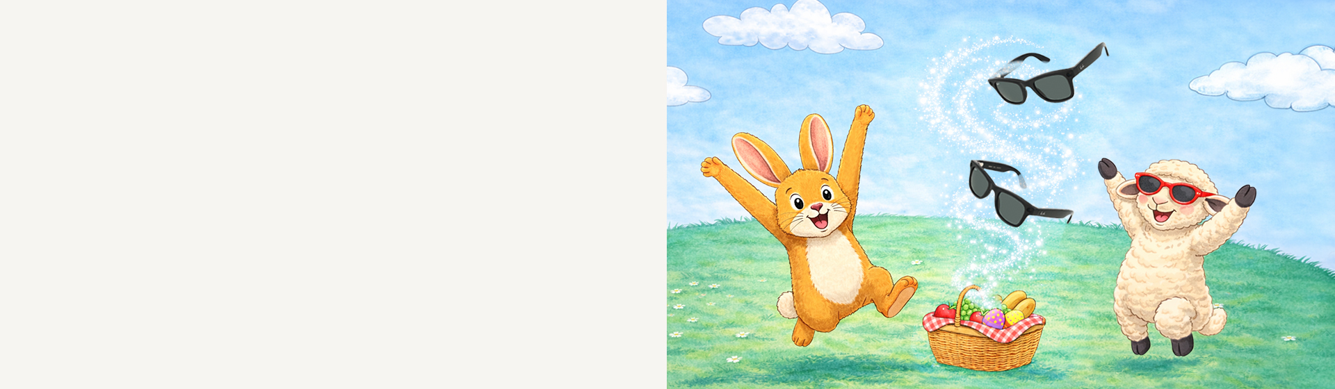 Ein animierter Hase und ein Schaf springen fröhlich auf dem Gras in der Nähe eines Picknickkorbs herum und tragen unter dem sonnigen Himmel Sonnenbrillen.