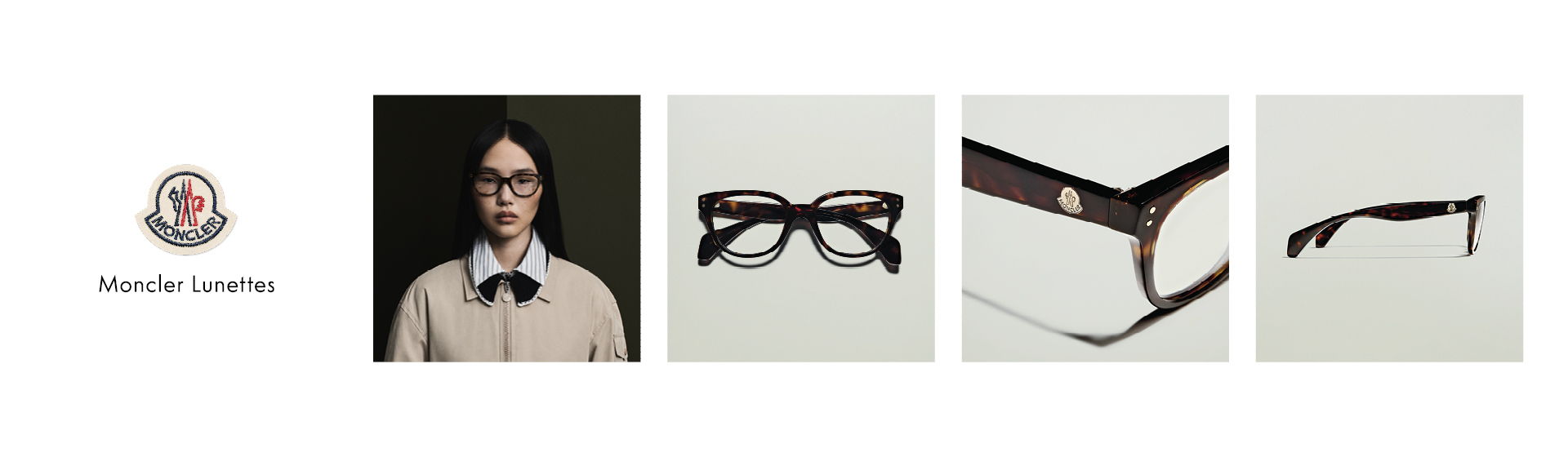 Une femme portant des lunettes, suivie de gros plans de la monture avec le logo Moncler Lunettes sur le côté gauche.