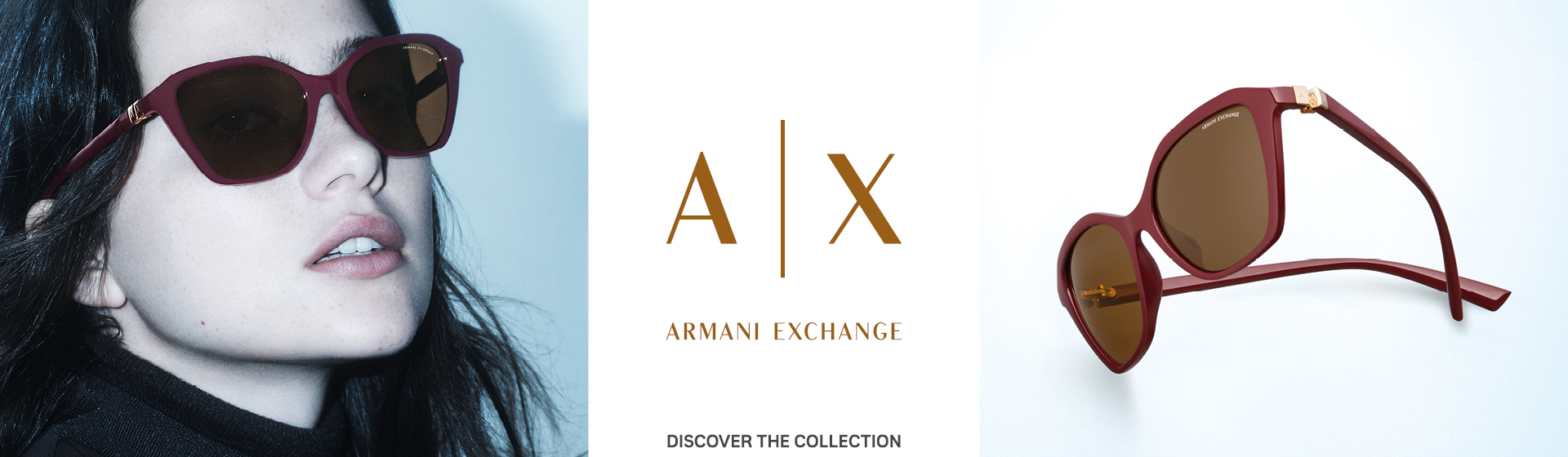 À gauche, une femme portant des lunettes de soleil rouges ; au centre, le logo Armani Exchange ; à droite, des lunettes de soleil rouges.