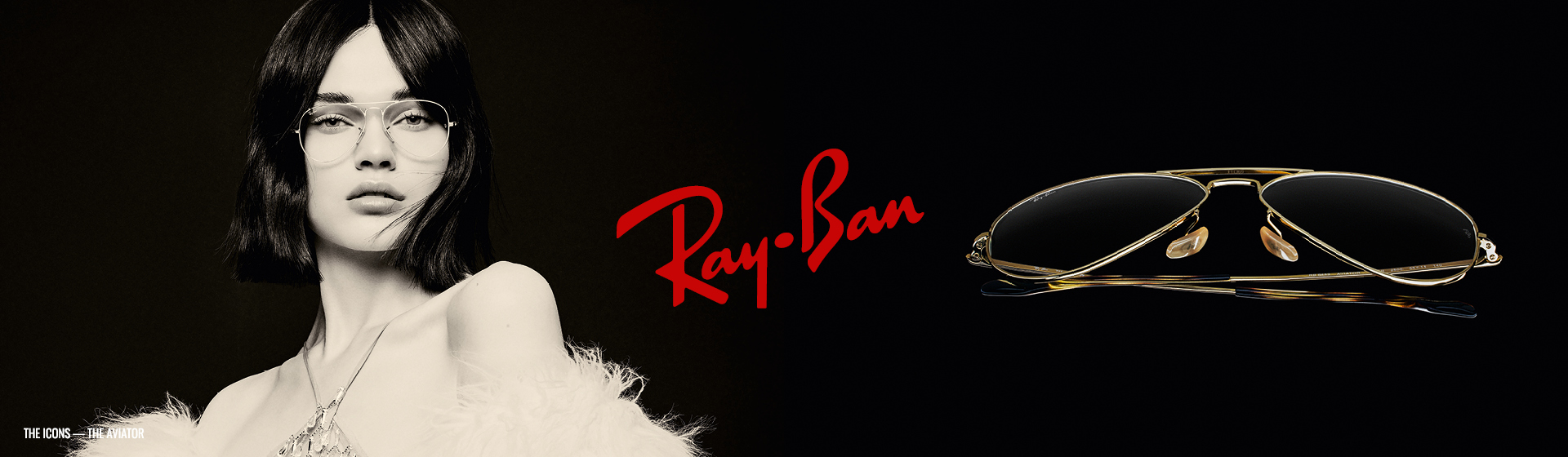 Frau mit kurzen Haaren und Brille, neben einer schwebenden Ray-Ban-Sonnenbrille.