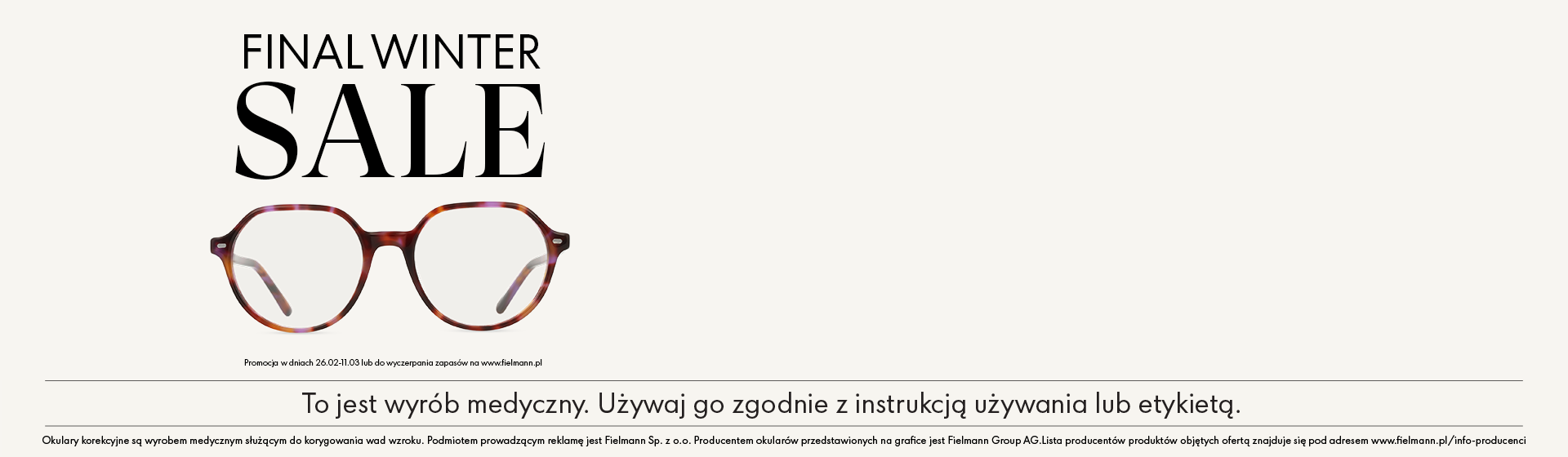 Tekst z napisem „Final Winter Sale” i brązowymi okularami.