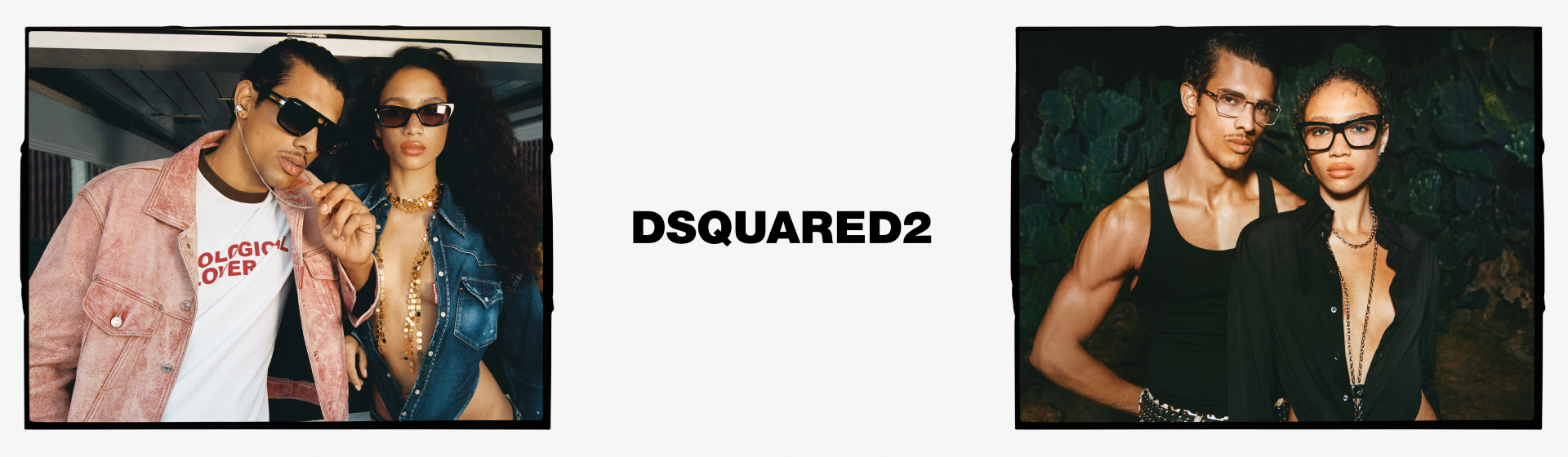 Zwei stilvolle Models in Sonnenbrillen posieren selbstbewusst neben dem DSQUARED2-Logo.
