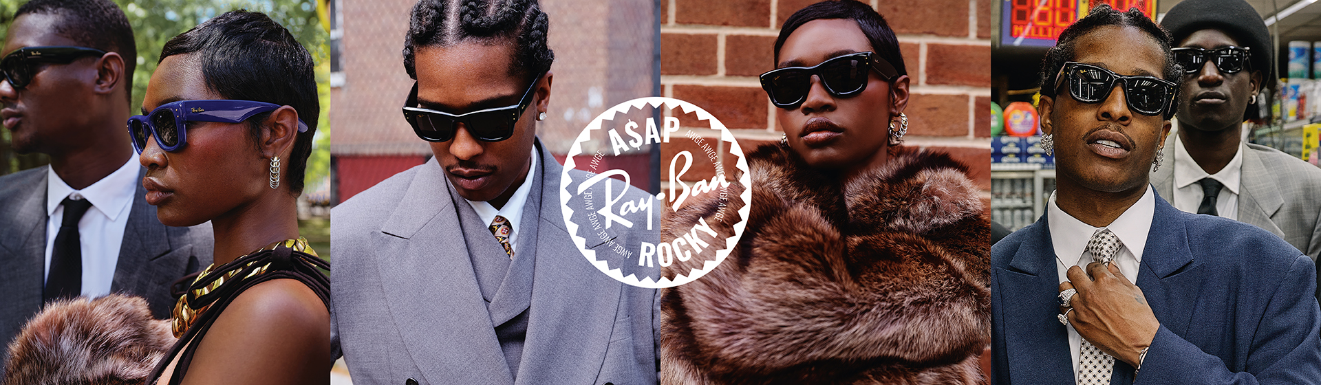 Sänger ASAP Rocky im Anzug und eine Frau in Pelzjacke mit einer Ray-Ban Sonnenbrille