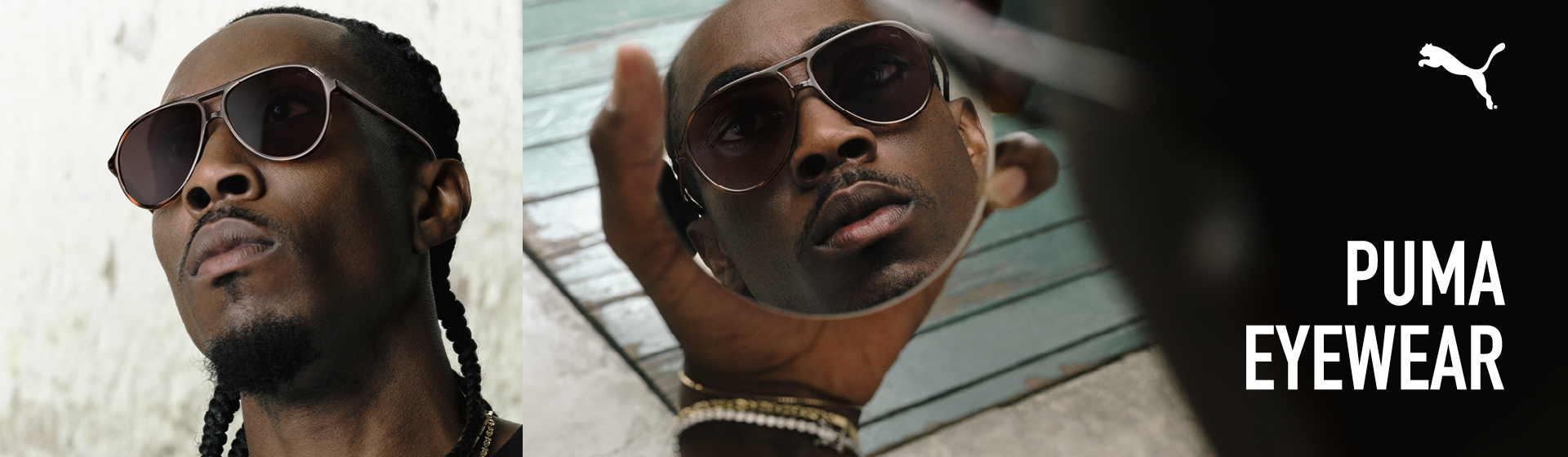 Mann mit geflochtenen Haaren und Sonnenbrille schaut in einen runden Spiegel und präsentiert dabei Puma Eyewear. Logo in der Ecke.