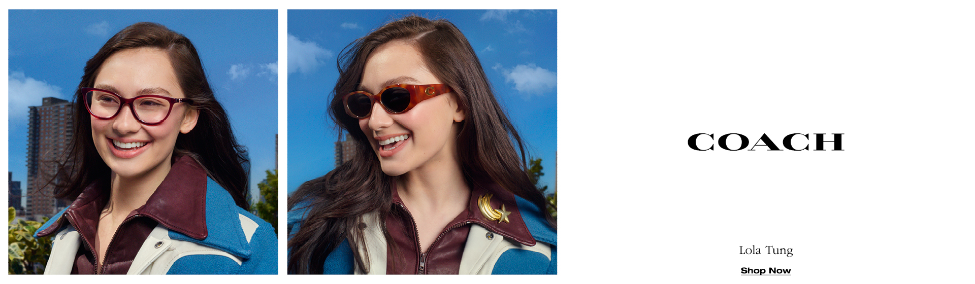 Une femme qui sourit sur deux photos, portant des lunettes de vue et des lunettes de soleil, devant un ciel bleu, avec l'inscription « Coach » sur la droite.