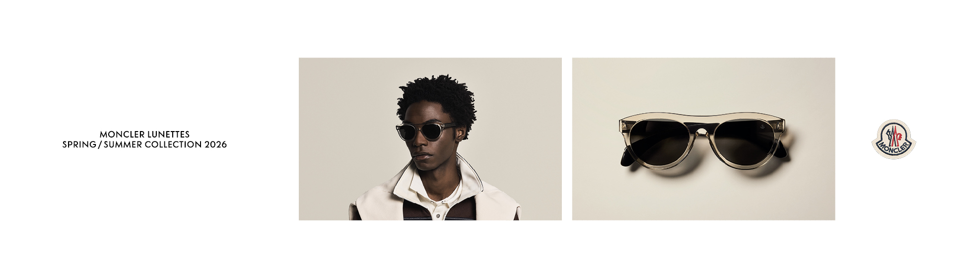 Modello maschile con occhiali da sole e giacca fantasia accanto a un primo piano di un paio di occhiali da sole; campagna pubblicitaria della collezione Moncler Lunettes Primavera/Estate 2016.