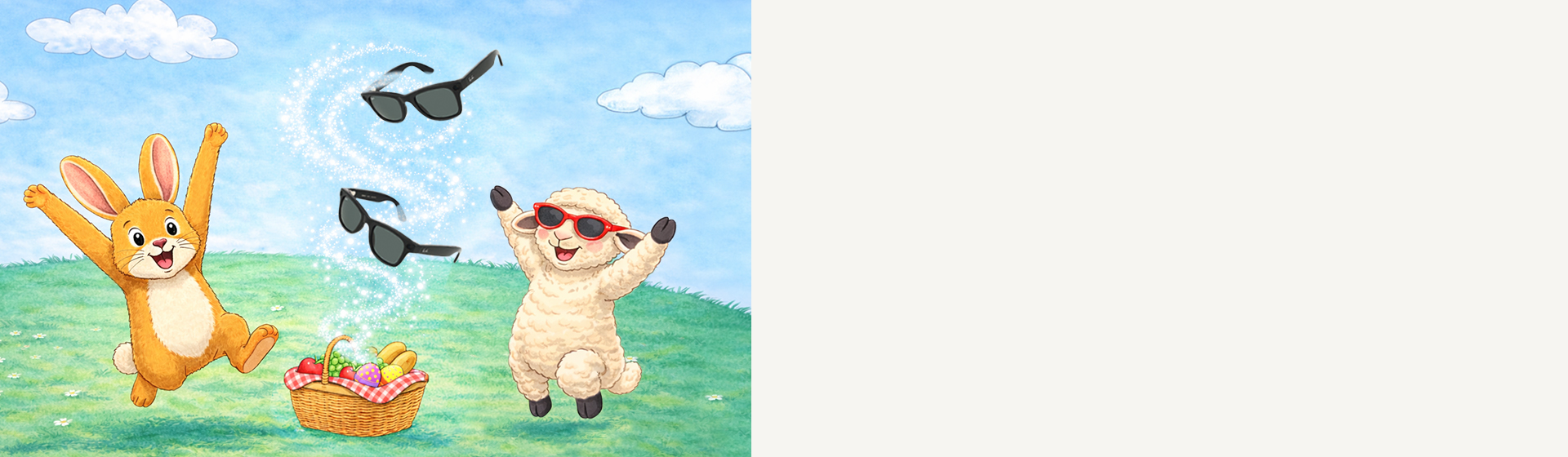 Ein animierter Hase und ein Schaf springen fröhlich auf dem Gras in der Nähe eines Picknickkorbs herum und tragen unter dem sonnigen Himmel Sonnenbrillen.