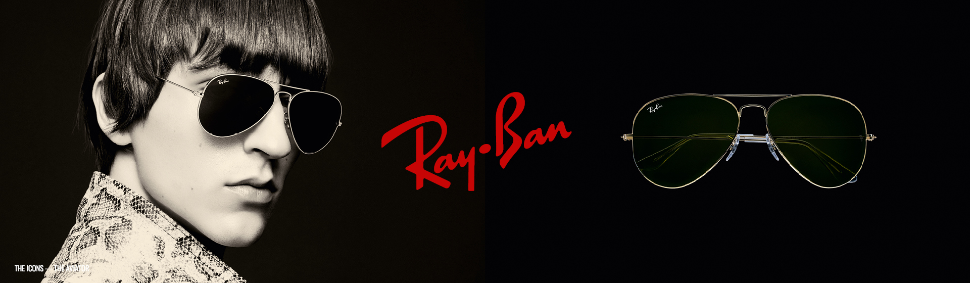 Osoba nosząca okulary pilotażowe z czerwonym logo Ray-Ban pośrodku.