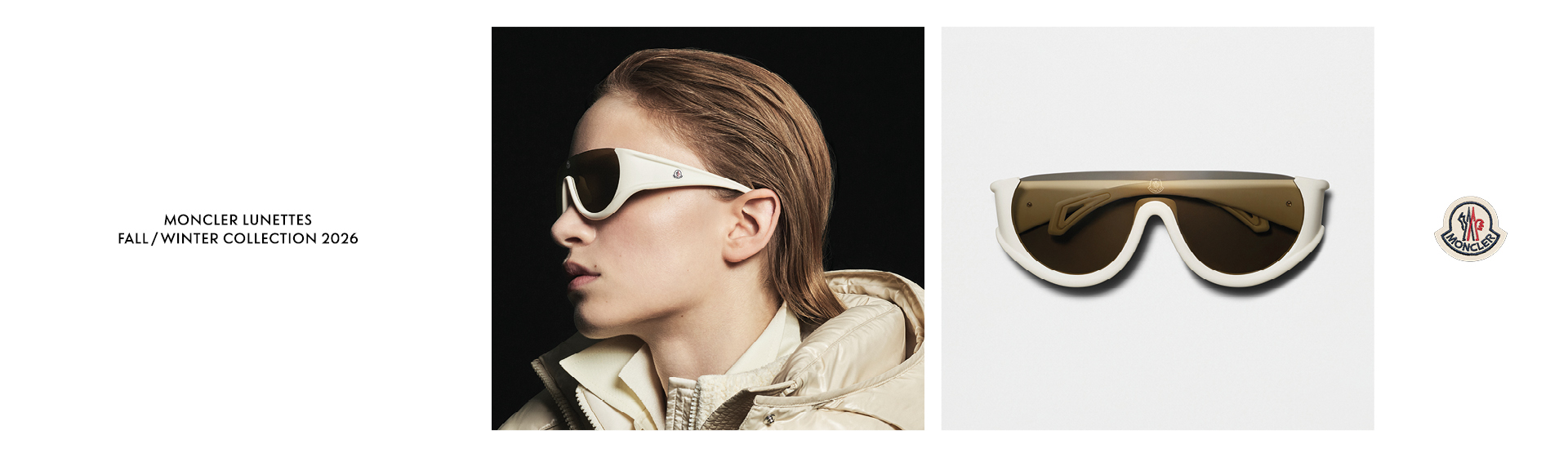 Profil d'une personne portant des lunettes à monture blanche, accompagné d'une photo séparée des lunettes, issues de la collection automne-hiver 2026 de Moncler Lunettes.