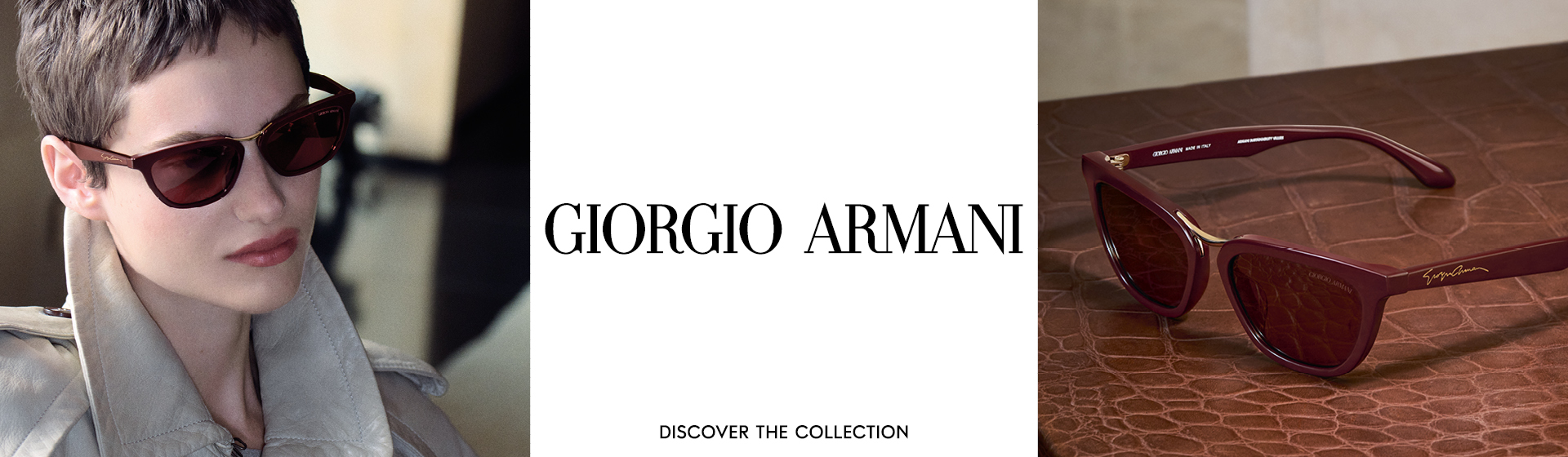 Frau mit Sonnenbrille links, Schriftzug „Giorgio Armani” in der Mitte, Sonnenbrille auf einem Tisch rechts.