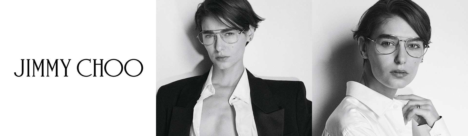 Schwarz-Weiß-Fotos einer Person mit Brille und stilvoller Kleidung, links das „JIMMY CHOO“-Logo.