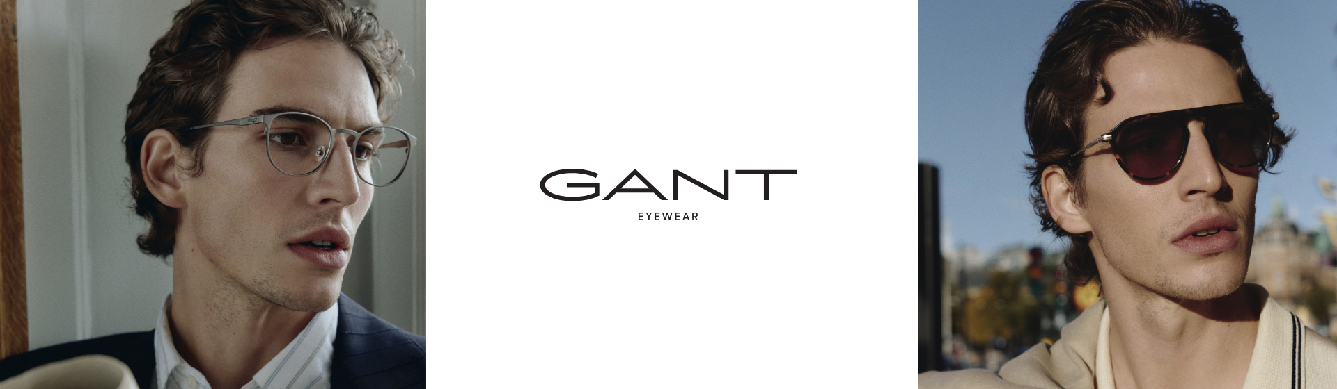Immagini affiancate di un uomo con occhiali da vista sul lato sinistro e occhiali da sole sul lato destro, con la scritta “GANT Eyewear” al centro.