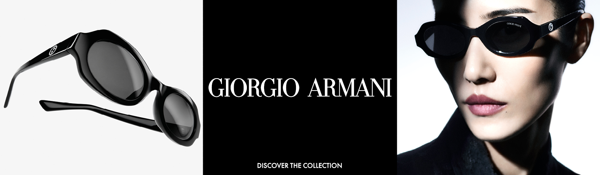 Lunettes de soleil Giorgio Armani noires avec verres ovales, logo sur les branches et mannequin qui les porte.