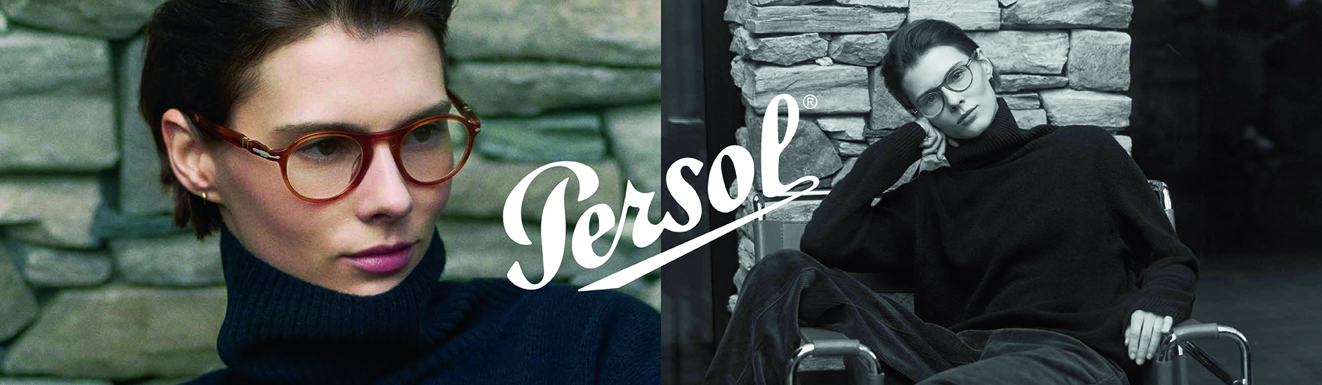 Eine Person mit einer Persol-Brille, die vor einer Steinmauer posiert.