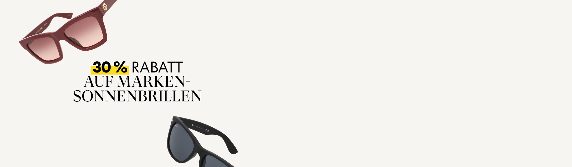 Zwei Sonnenbrillen umgeben den Text „30 % RABATT AUF MARKENSONNENBRILLEN”.