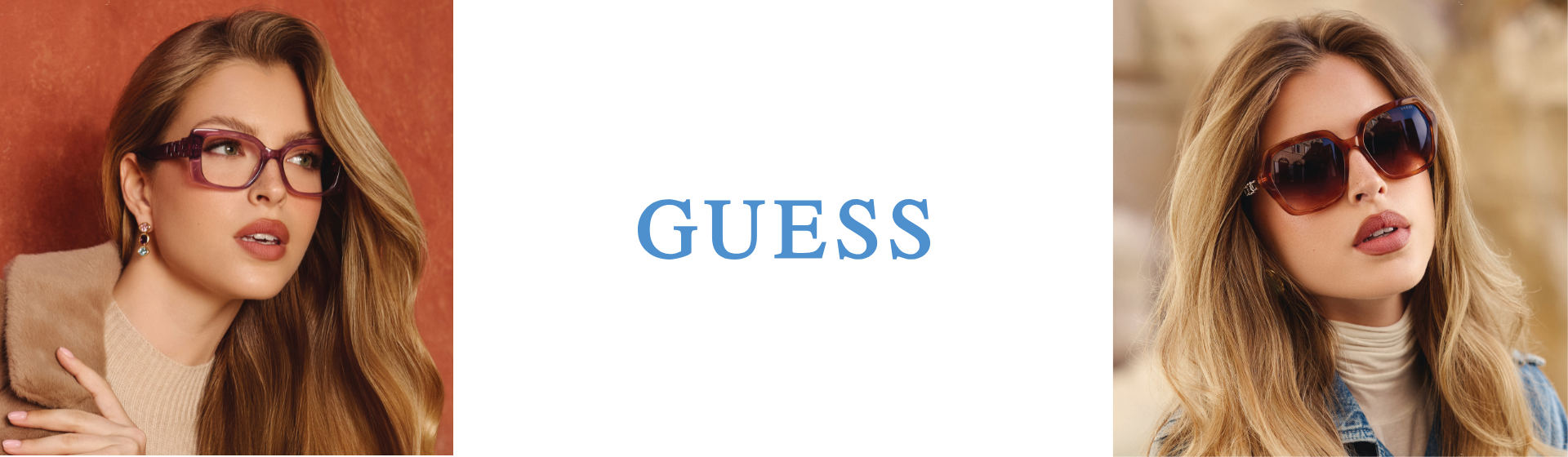 À gauche, une femme avec des lunettes Guess, au centre le logo de Guess, et à droite une femme avec des lunettes de soleil Guess.