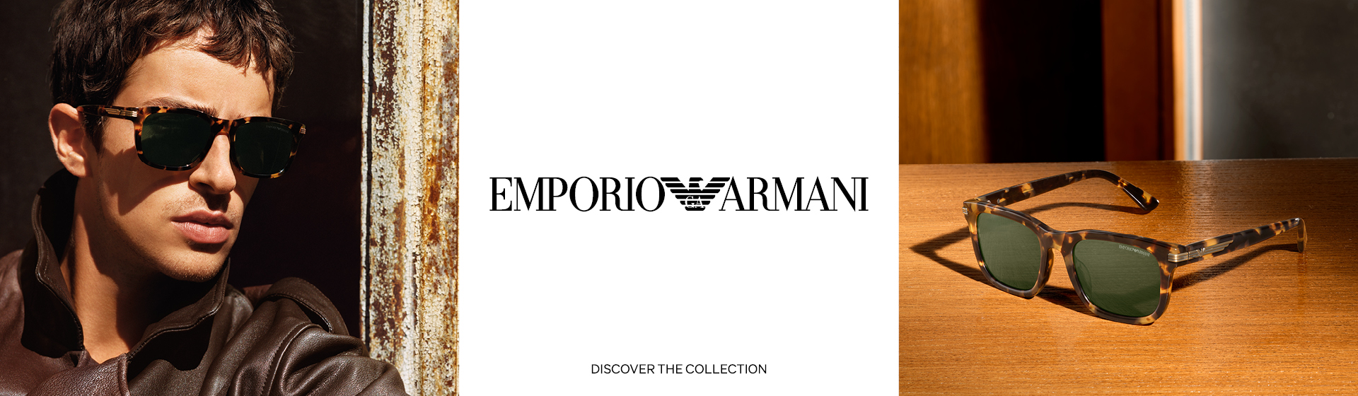 Un homme portant des lunettes de soleil et une veste en cuir, avec au centre le logo Emporio Armani ; à droite, posées sur une surface en bois, des lunettes de soleil à monture en écaille.
