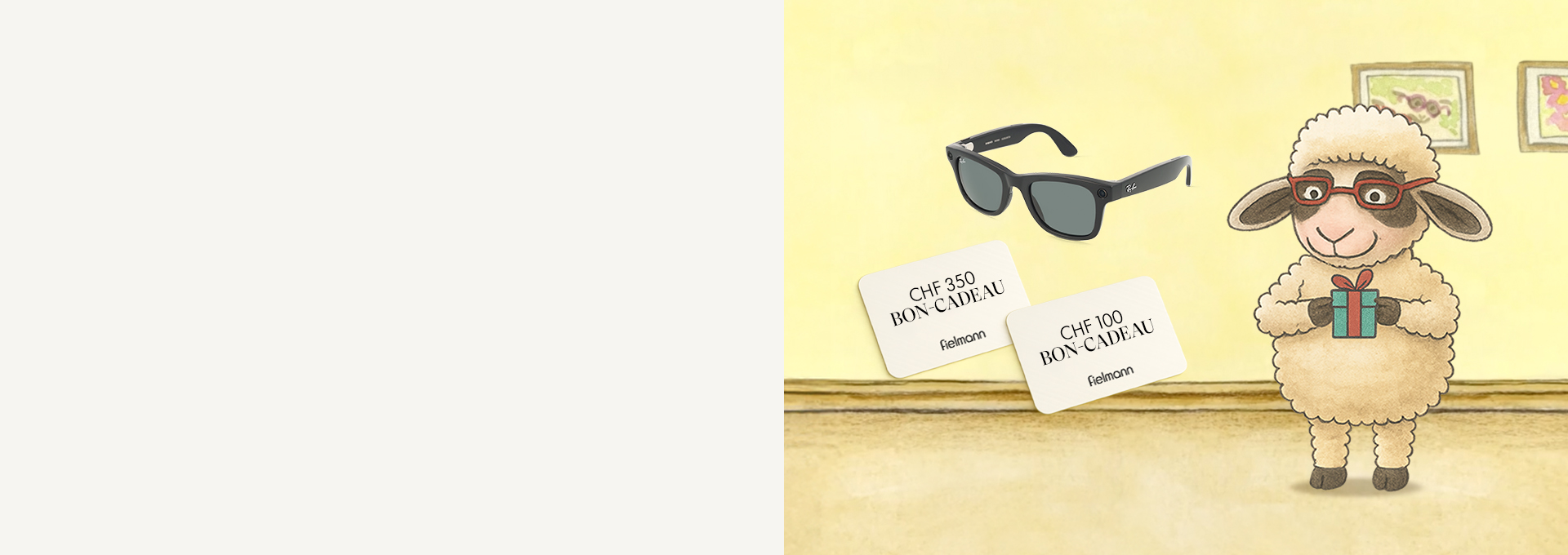 Benni, le mouton à lunettes, tenant un cadeau dans la main. À côté de lui sont représentés des lunettes de soleil et des bons d'achat.