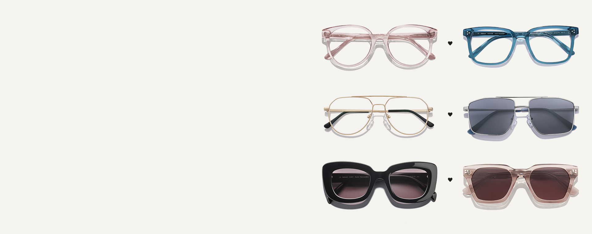 Sześć par stylowych okularów przeciwsłonecznych w różnych wzorach i kolorach ułożonych w dwóch kolumnach na jednolitym tle.