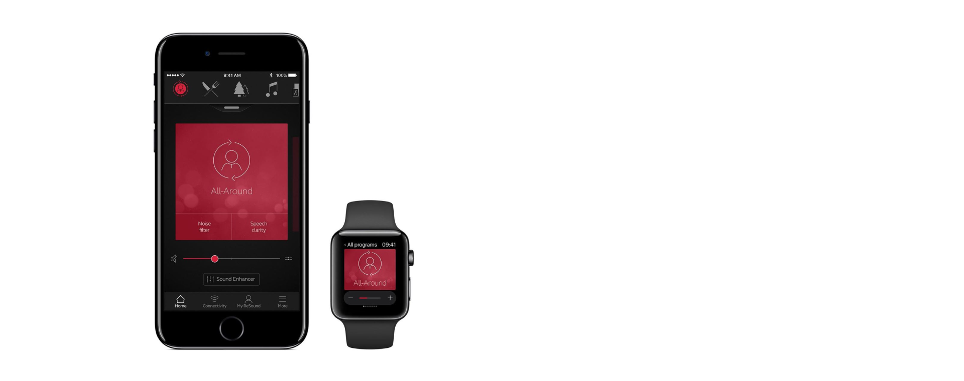 Smartphone und Smartwatch mit einer Hörgeräte-App.