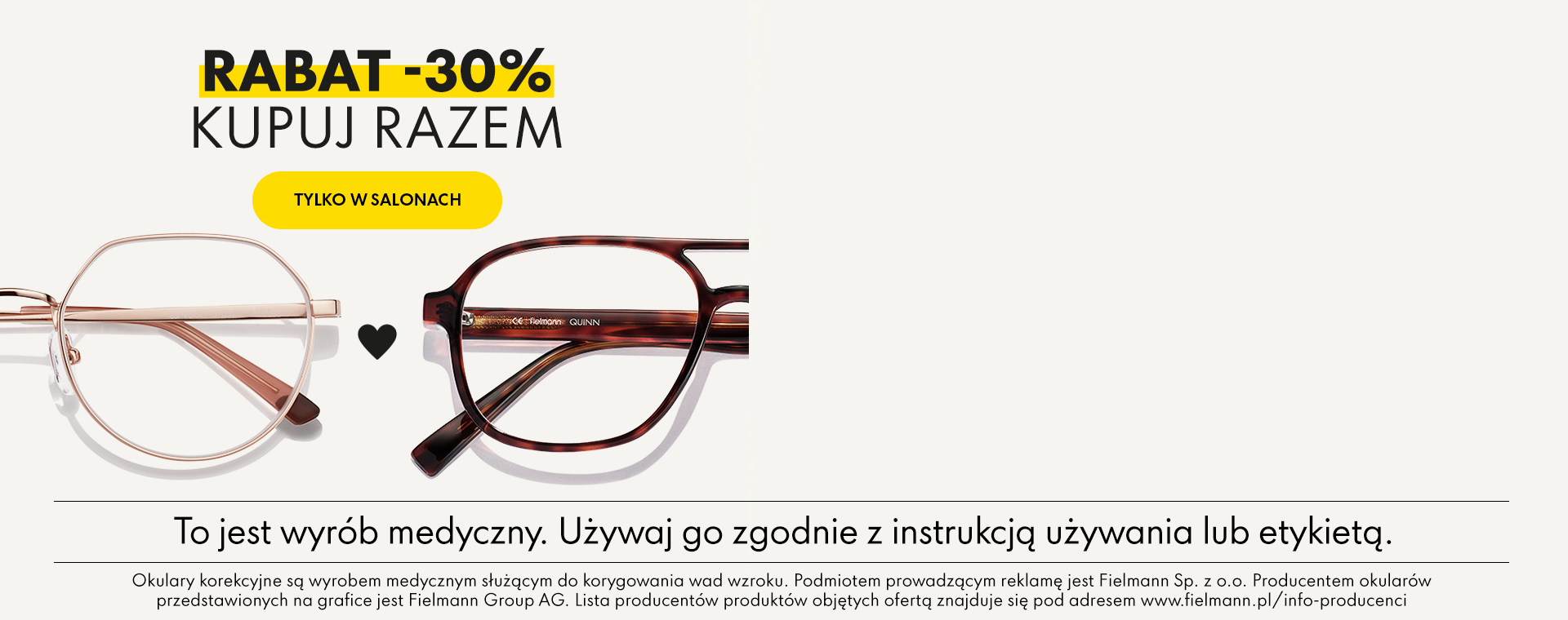 Promocja 30% zniżki na okulary, w której prezentowane są dwie pary: jedna w kolorze różowym, a druga w kolorze brązowym. Oferta dostępna wyłącznie w sklepach stacjonarnych.