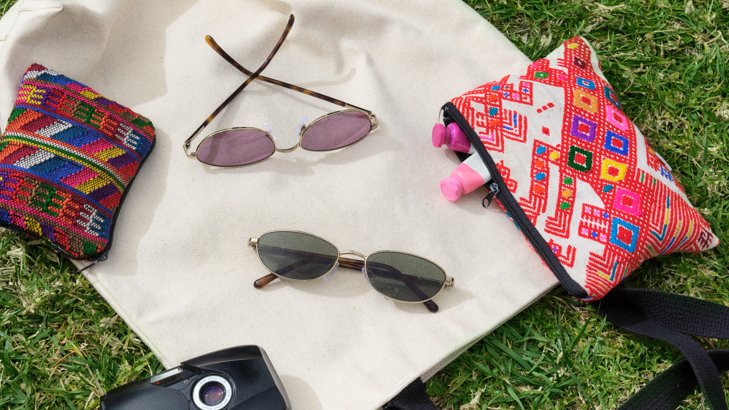 Eine Sonnenbrille, bunte Beutel und eine Kamera auf einem weißen Rucksack, der im Gras liegt – alles, was man für ein Picknick oder einen Ausflug braucht.