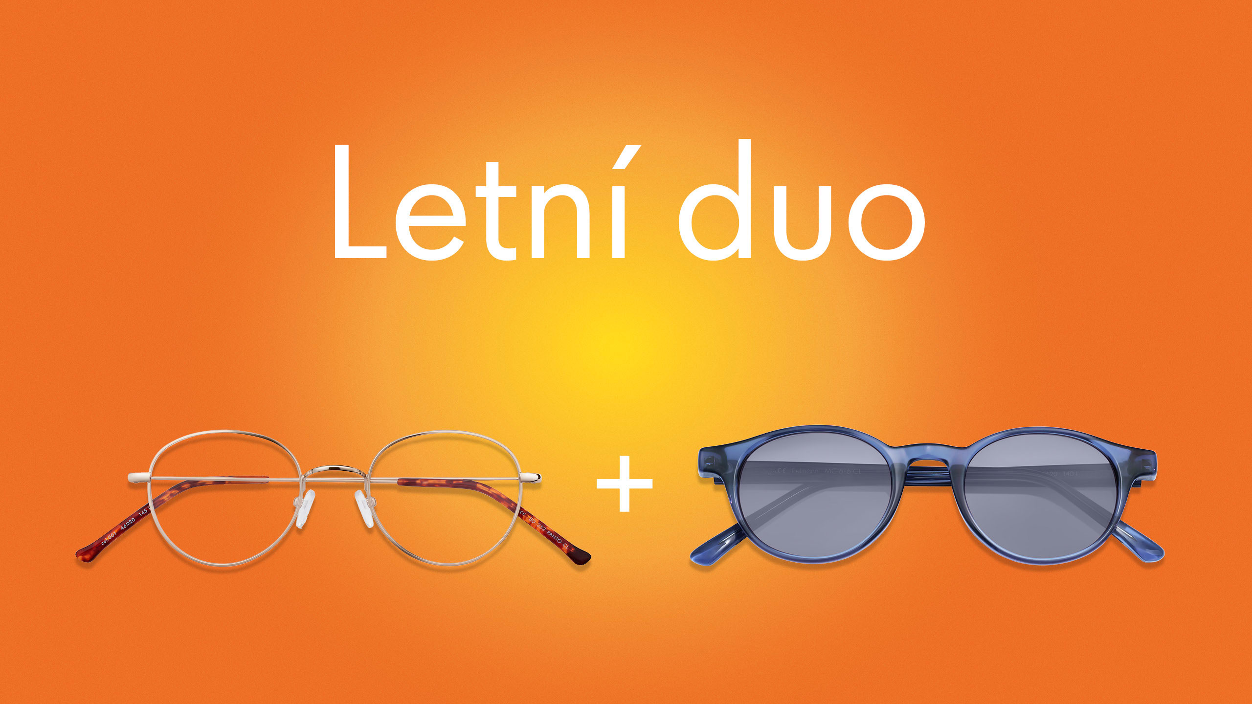 Brýle a sluneční brýle spolu s nápisem „Letni duo“ na oranžovém pozadí.