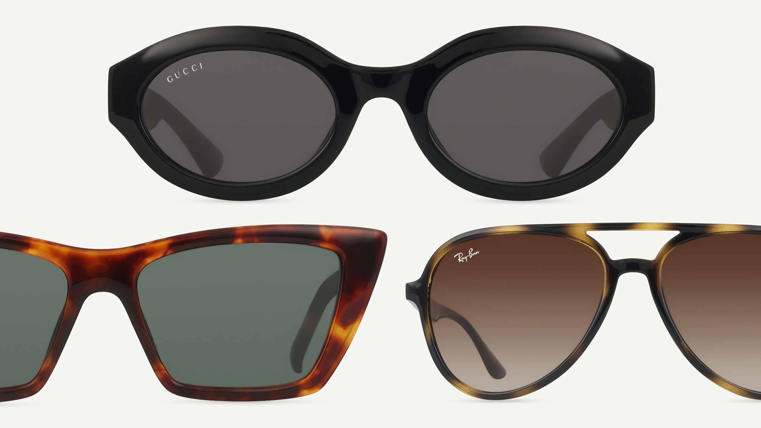 Drei Sonnenbrillen: eine schwarze ovale Sonnenbrille, eine Cat-Eye-Sonnenbrille in Schildpattoptik und eine Pilotenbrille mit braunem Farbverlauf.