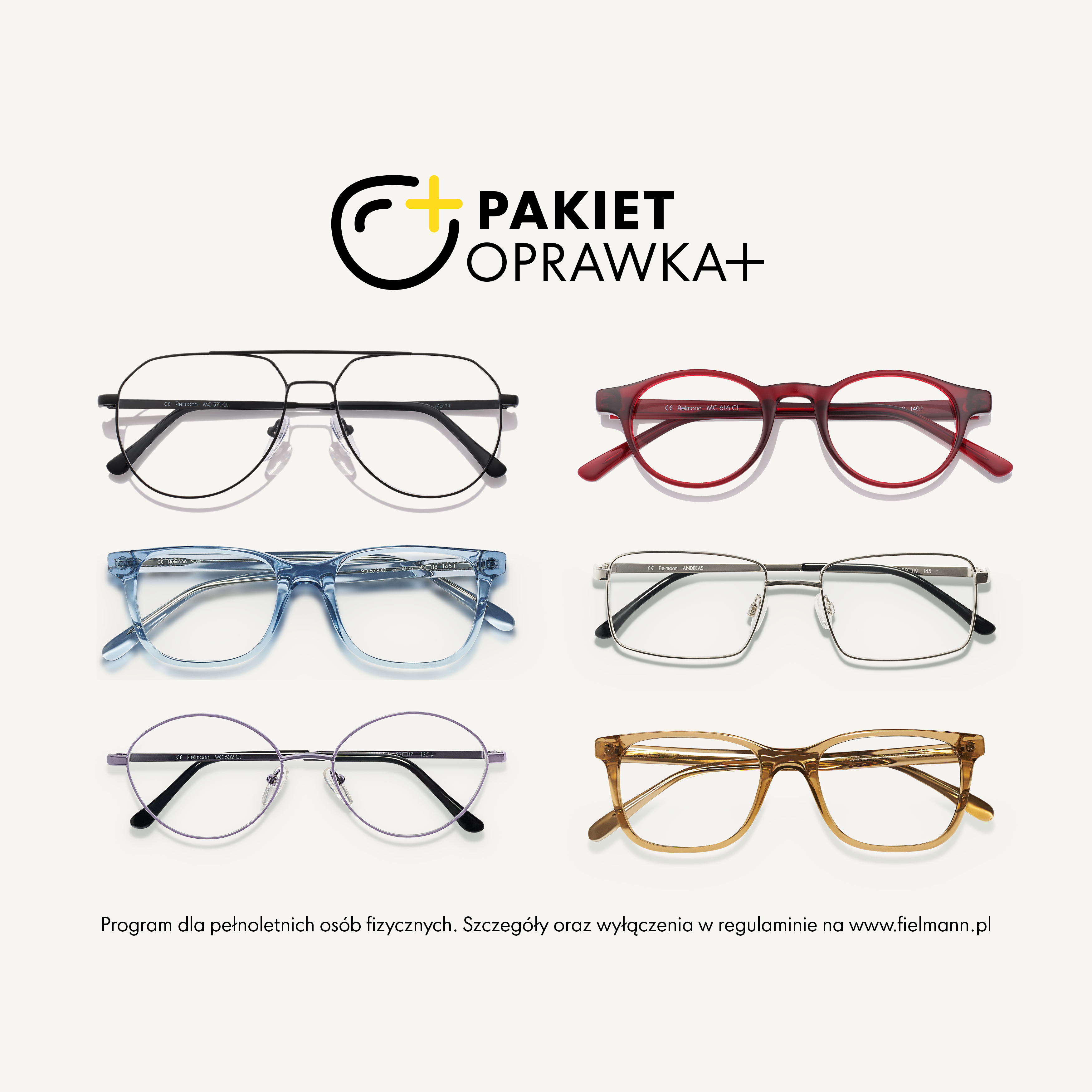 Grafika promocyjna przedstawiająca sześć par okularów w różnych stylach i kolorach, z nagłówkiem „PAKIET OPRAWKA+” u góry oraz poniżej z medycznym zastrzeżeniem dotyczącym oferty pakietowej.