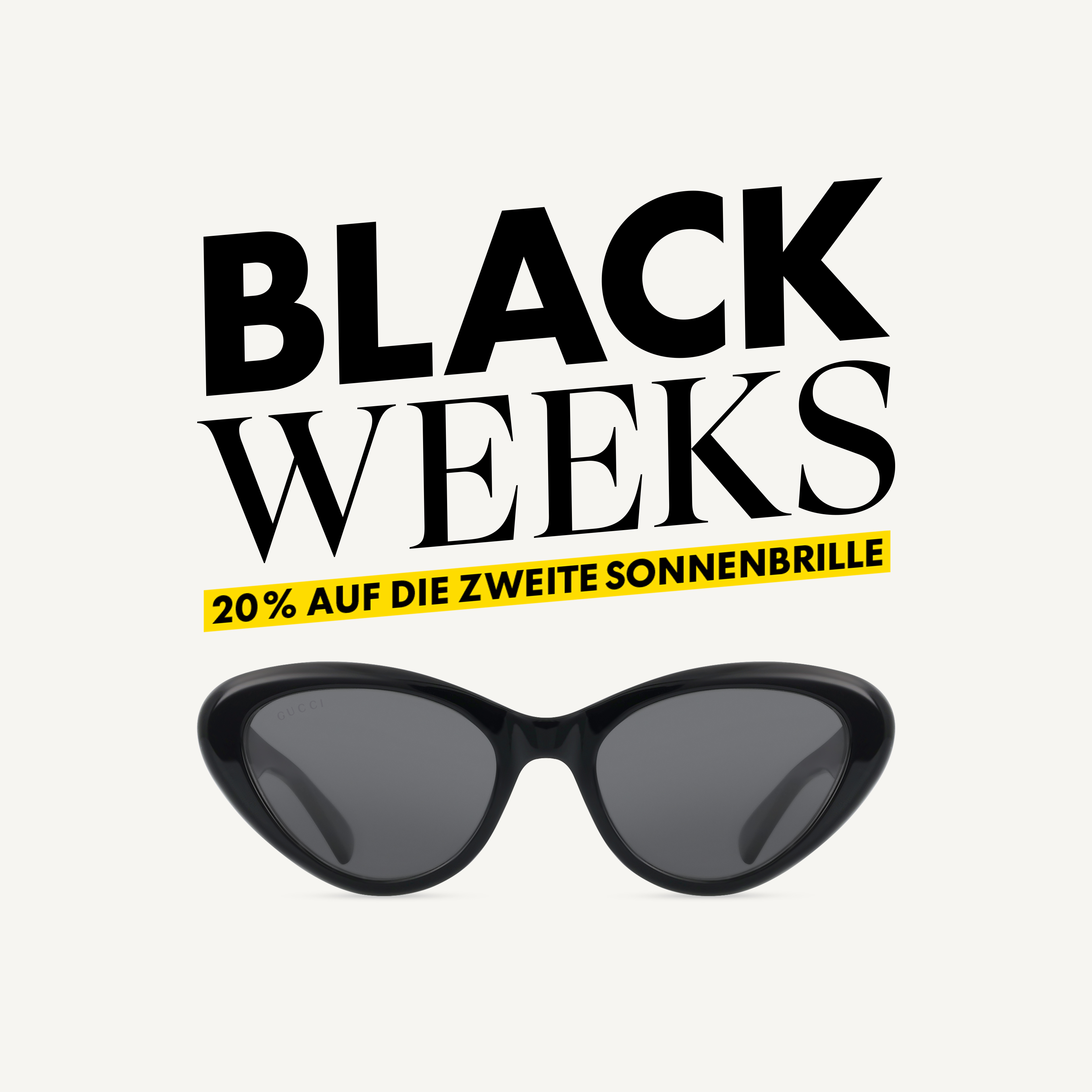 Schwarze Sonnenbrille mit Text: „BLACK WEEKS“, „20 % Rabatt* auf die zweite Sonnenbrille“ .