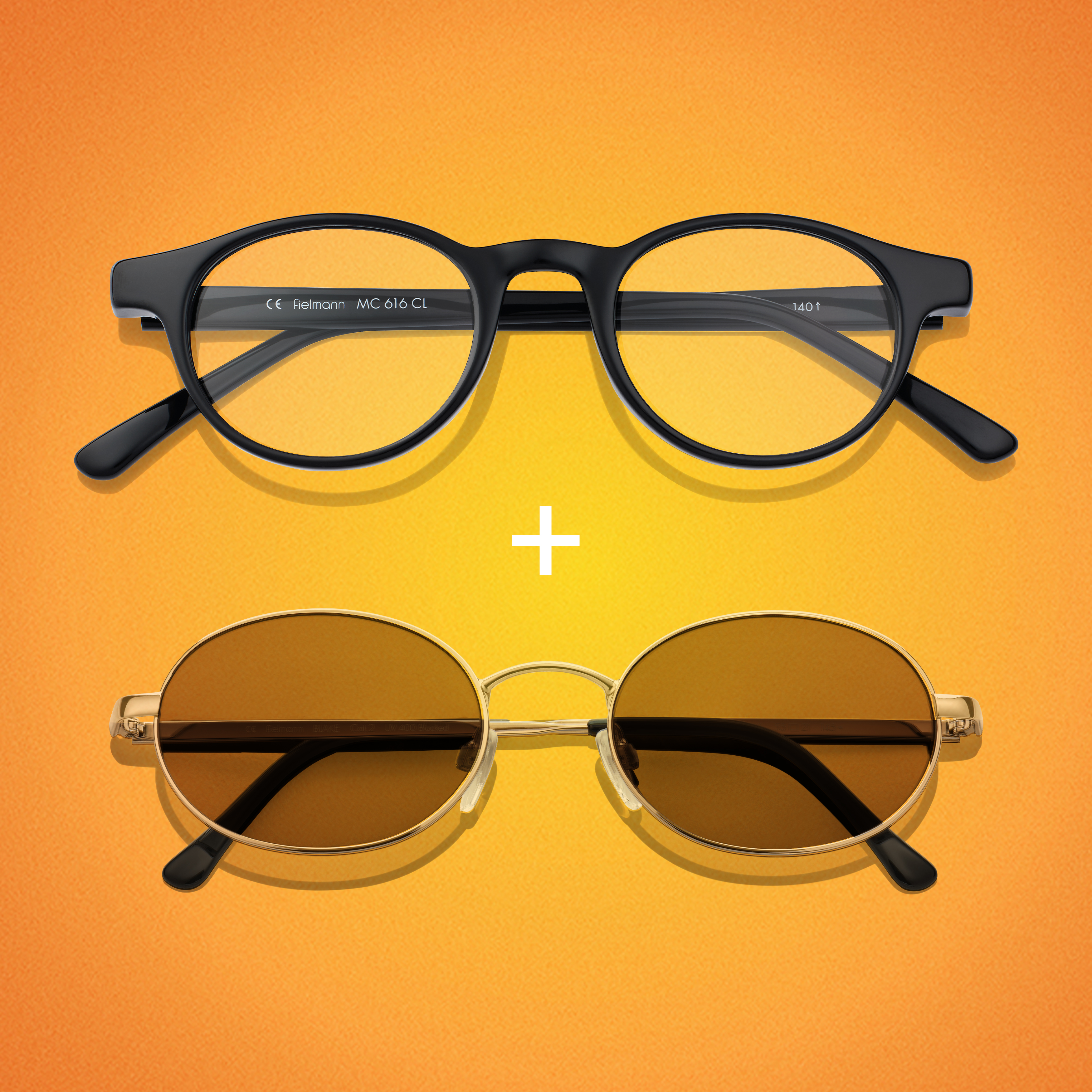 Runde schwarze Brille und runde Sonnenbrille mit goldenen Rahmen auf orangem Hintergrund.