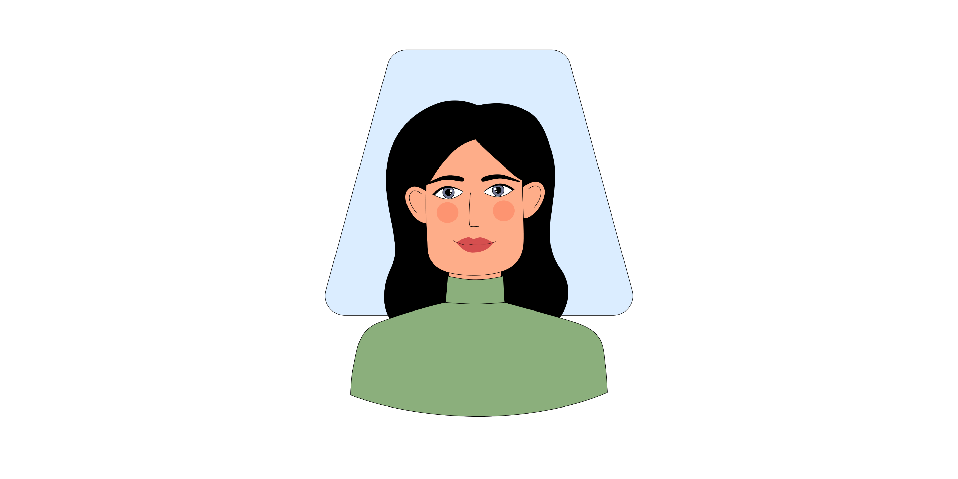 Illustration einer Frau mit langen schwarzen Haaren, die einen grünen Rollkragenpullover trägt, vor einem hellblauen trapezförmigen Hintergrund.