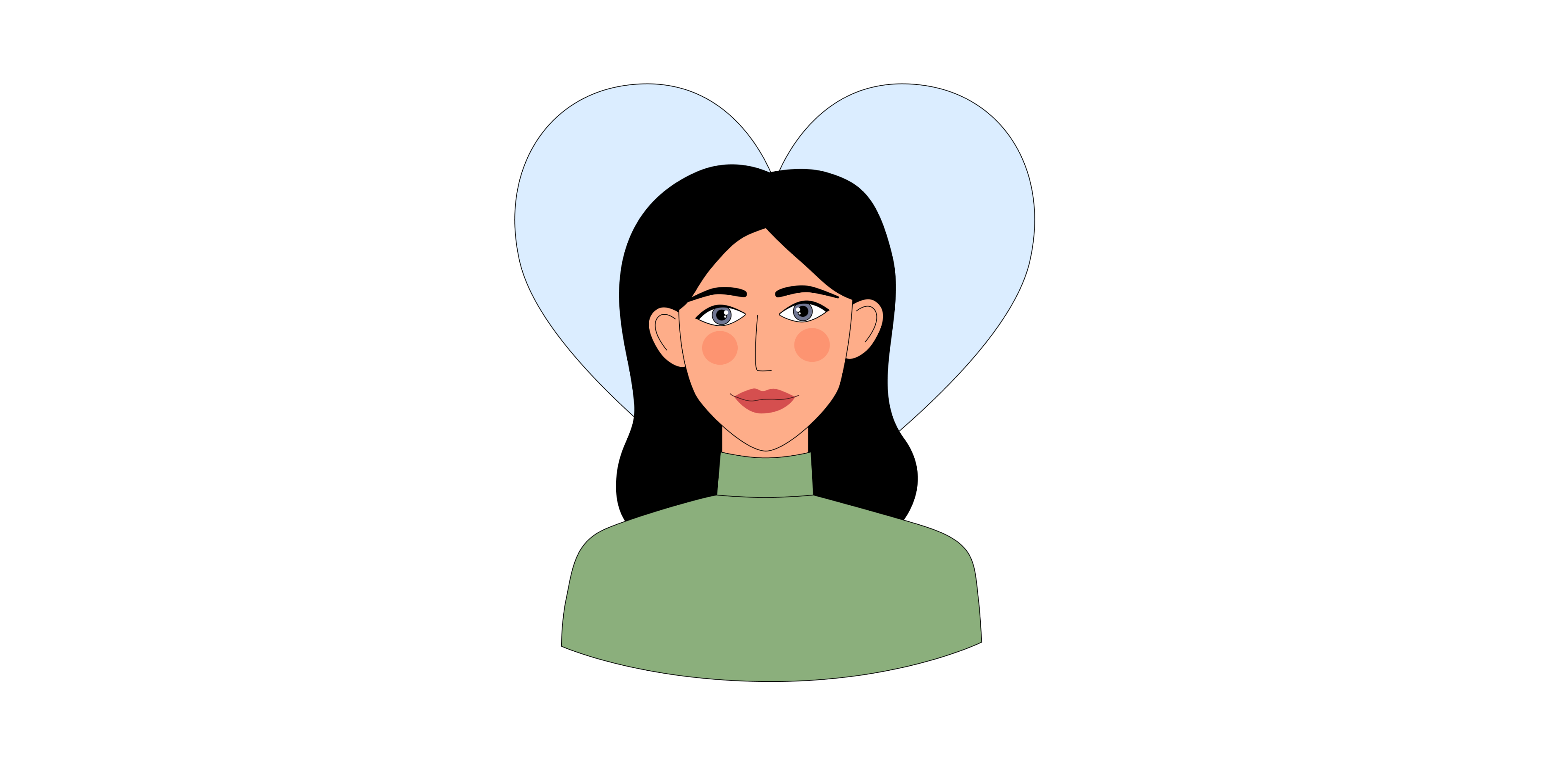Illustration einer Frau mit langen schwarzen Haaren, die einen grünen Rollkragenpullover trägt, vor einem hellblauen herzförmigen Hintergrund.