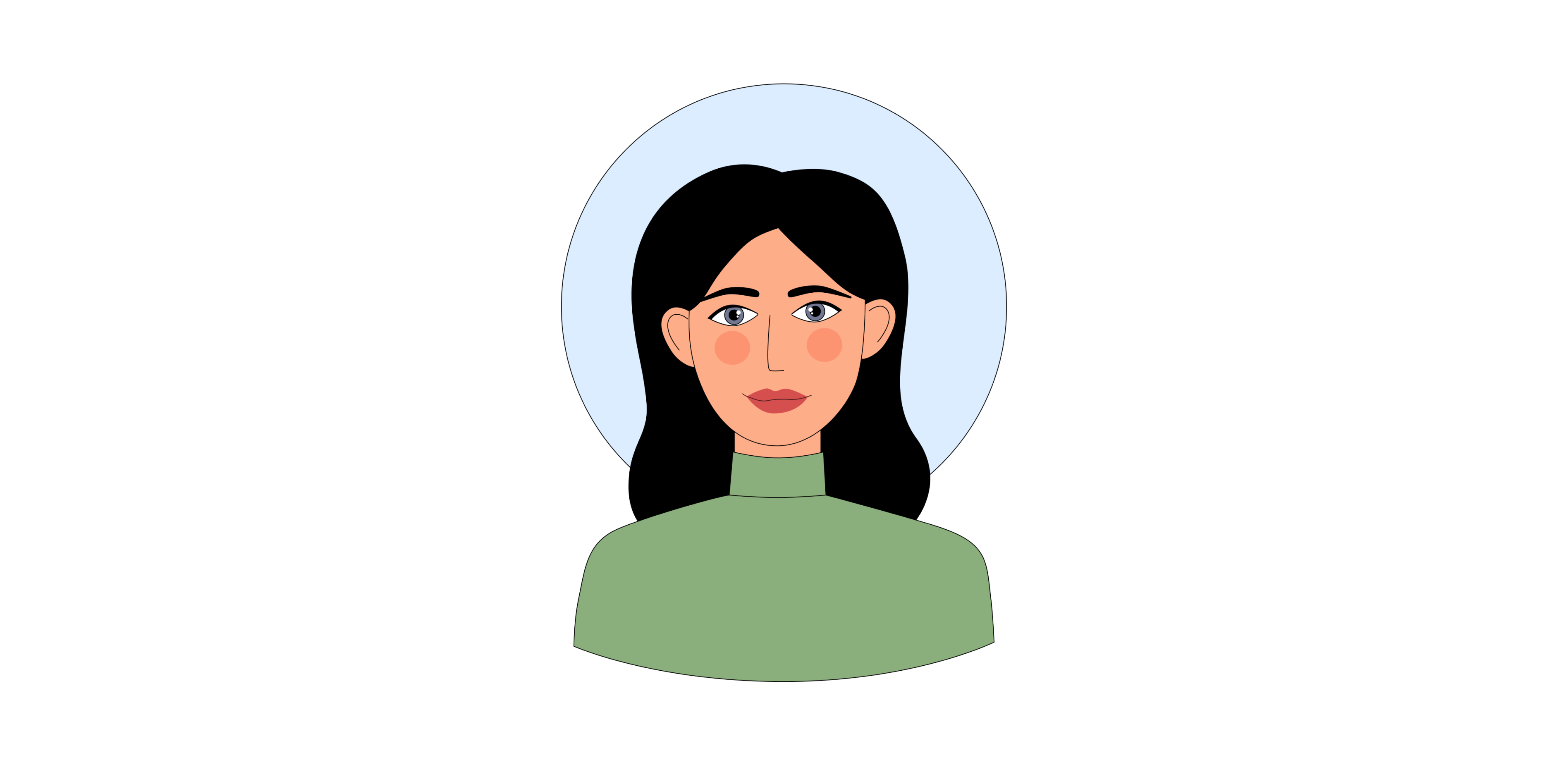 Illustrazione di una donna con lunghi capelli neri che indossa un maglione verde a collo alto, su uno sfondo rotondo azzurro.