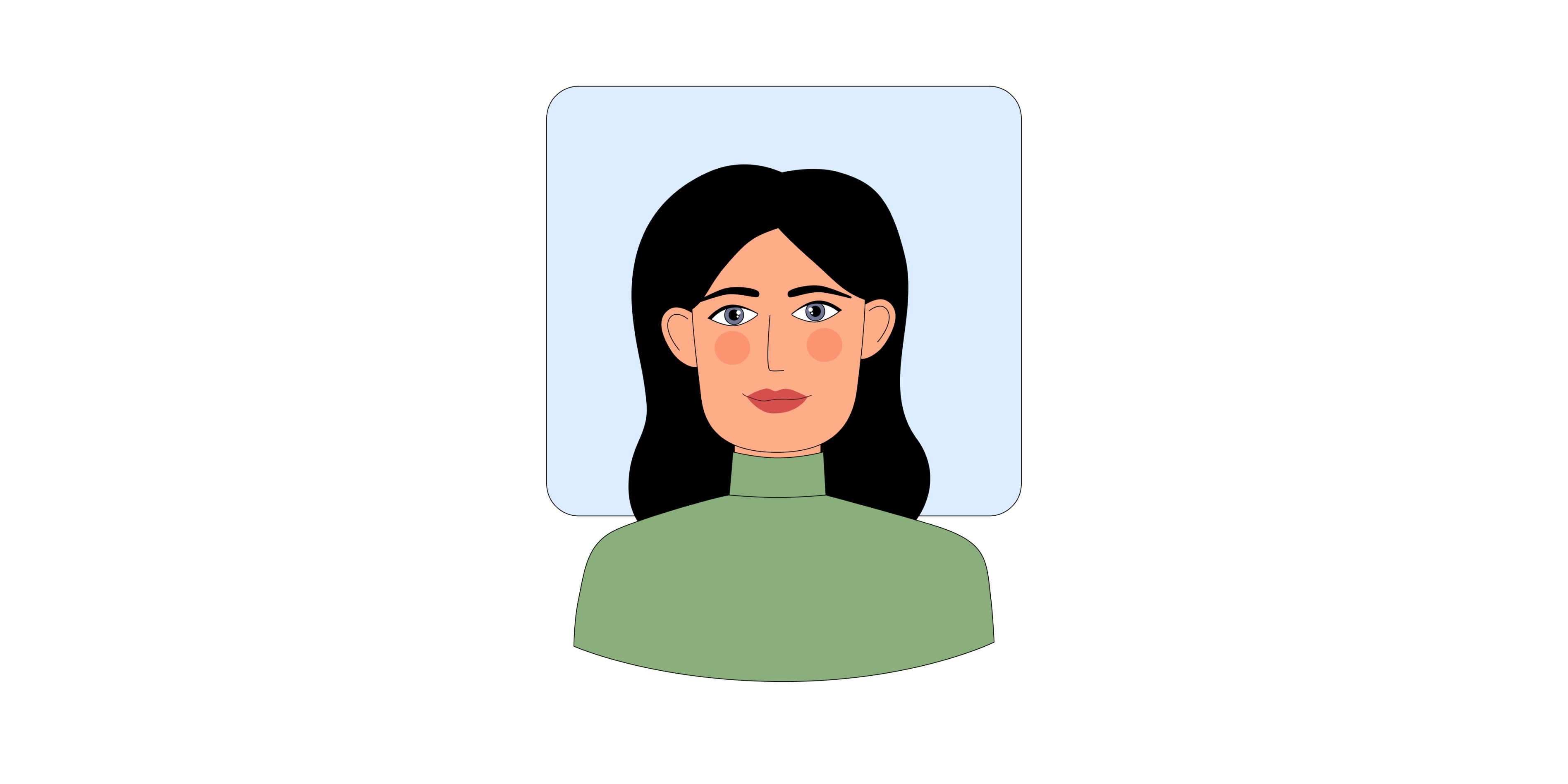 Illustrazione di una donna con lunghi capelli neri che indossa un maglione verde a collo alto, su uno sfondo quadrato azzurro.