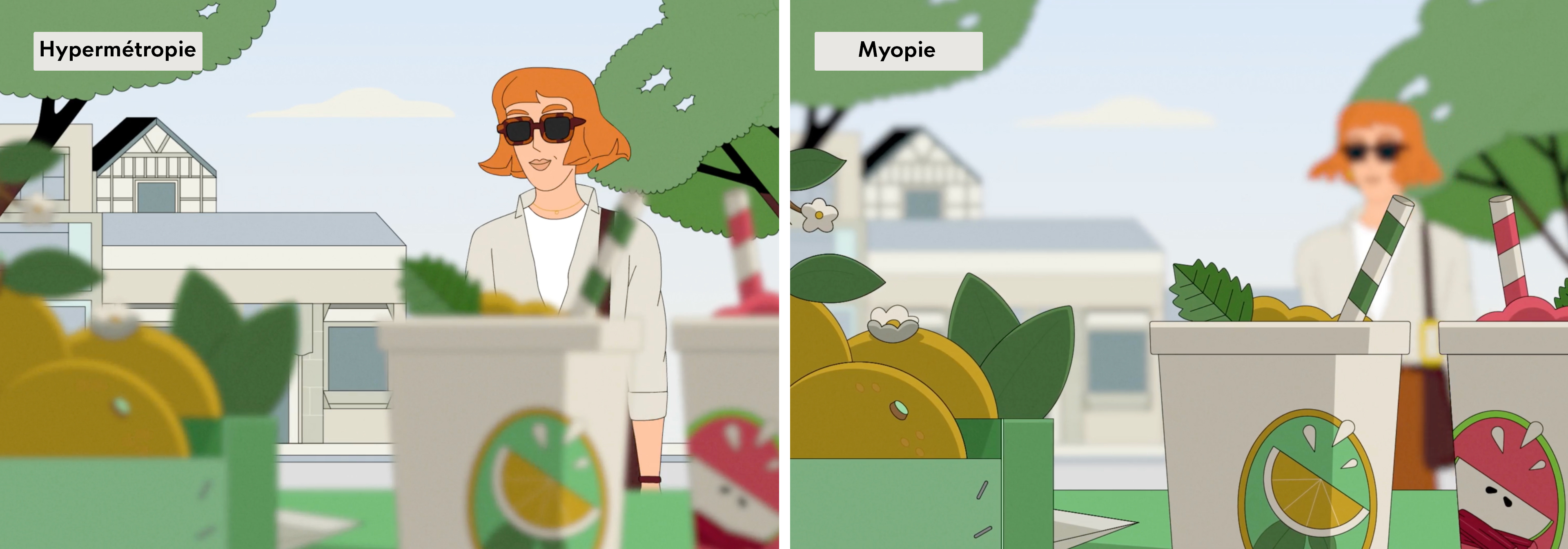 Une personne aux cheveux orange et portant des lunettes de soleil se tient derrière une table avec des boissons et des fruits. L’image est divisée en deux zones, intitulées « hypermétropie » et « myopie ».