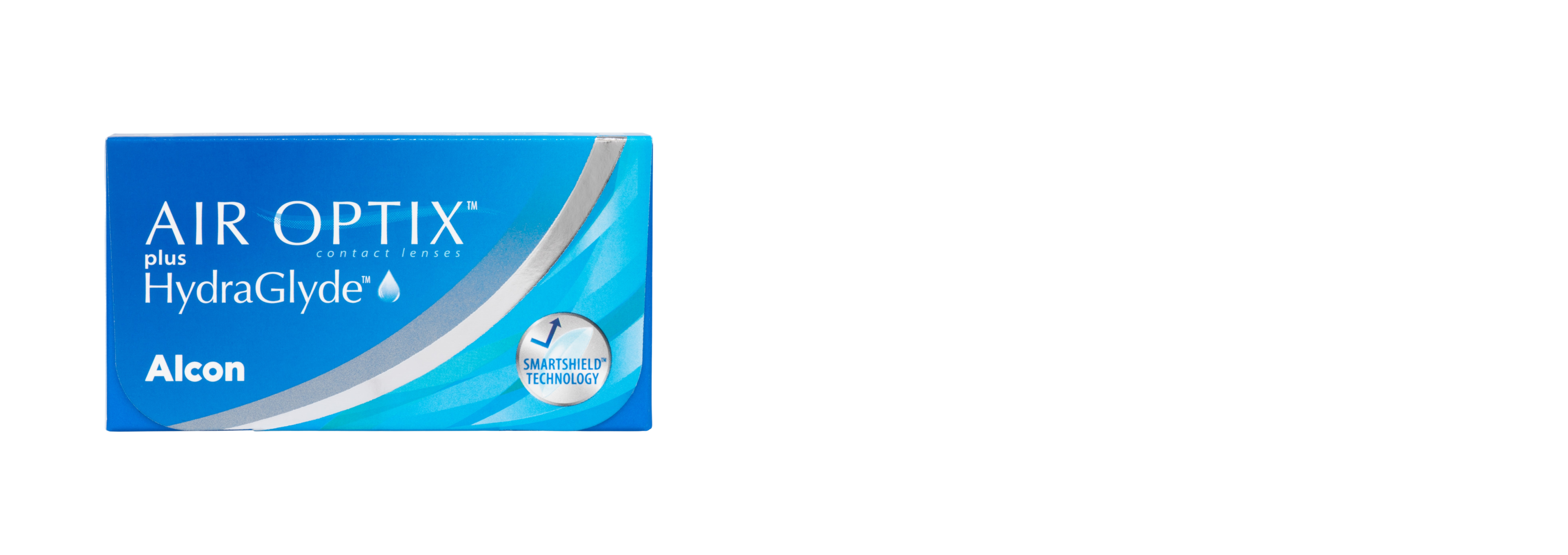 Blaue Verpackung der Kontaktlinsen Air Optix plus HydraGlyde von Alcon.