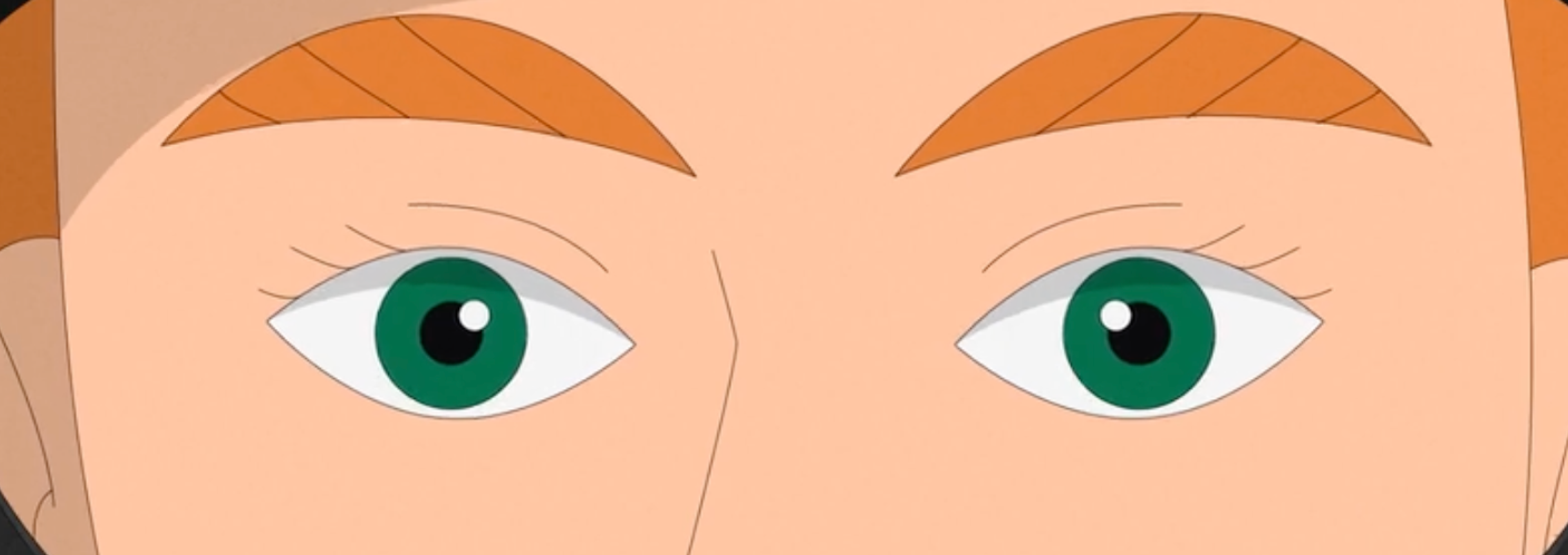 Nahaufnahme der grünen Augen und orangefarbenen Augenbrauen einer Zeichentrickfigur mit neutralem Gesichtsausdruck.